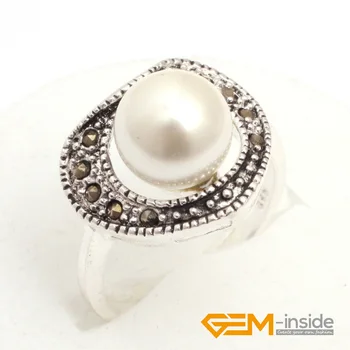 10 mm okroglo belo lupino biserne kroglice tibera srebro marcasite srce znanja obroč pošljete po naključnem klasične nakit za stranke, za darilo
