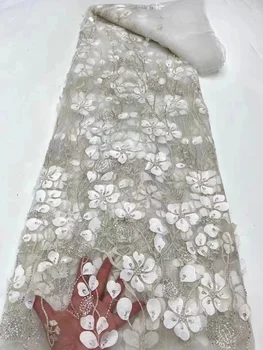 Bela Afriška Čipke Tkanine Sijoče Tiste Kroglice francoski Til Očesa Vezenje na Debelo 3D Čipke Tkanina Za Poročne obleke
