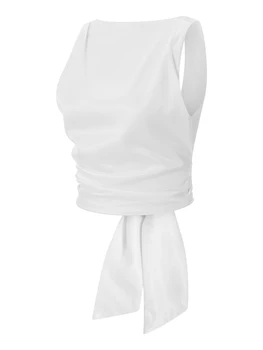 Elegantno Saten Crop zgornji deli oblačil za Ženske - Barva Tie-Up Backless Majice z Slim Fit in brez Rokavov Design, kot Nalašč za Poletje