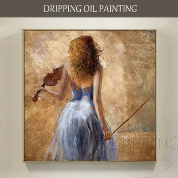 Talent Slikar Ročno poslikano Romantično Dekle z Violino Oljna slika na Platnu Lepoto Wall Art Glasbenik z Violino Oljno sliko