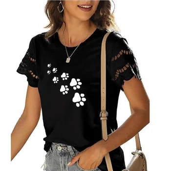 2022 Moda Za Ženske Mozaik Čipke O Vratu Modni T-Shirt Pes Šapa Natisniti T-Shirt Za Ženske Ženski Top Smešno