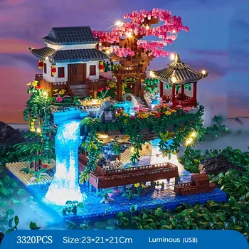 3320pcs Kitajski Arhitekturi Peach Tree House Slap Reke gradniki Mini Diamant s Svetlobo Opeke Igrača za Otroke Darila