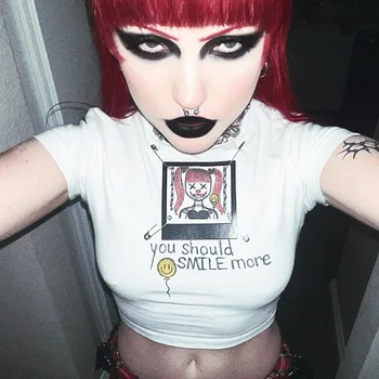 Gothic Natisniti T-Shirt Kratek Rokav Bombaža Ženske Letnik Hip Hop Rastlinske Vrhovi Temnih Punk Grunge Slim Fit Tees E-dekle za noč Čarovnic
