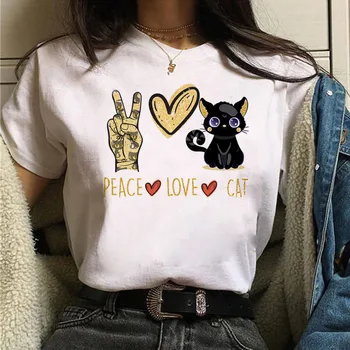 Mir, Ljubezen Cat Majica Fashion Majica s kratkimi rokavi Ženske Harajuku T-shirt Srčkan Graphic Tee Ženske Majice Kratek Rokav Vrhovi Risanka T-shirt