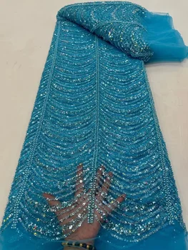 Moda modra Prijazno Afriške Sequins Čipke Tkanine Luksuzni francoski Nigerijski Beaded Očesa Tkanine, Čipke Visoke Kakovosti Za Poročno Obleko