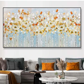 Velika umetnost 100% Ročno Poslikane Debele Teksturo Cvet Oljna slika, zlata folija drevo Barvanje sten cvetlični sliko za dnevno Sobo decora
